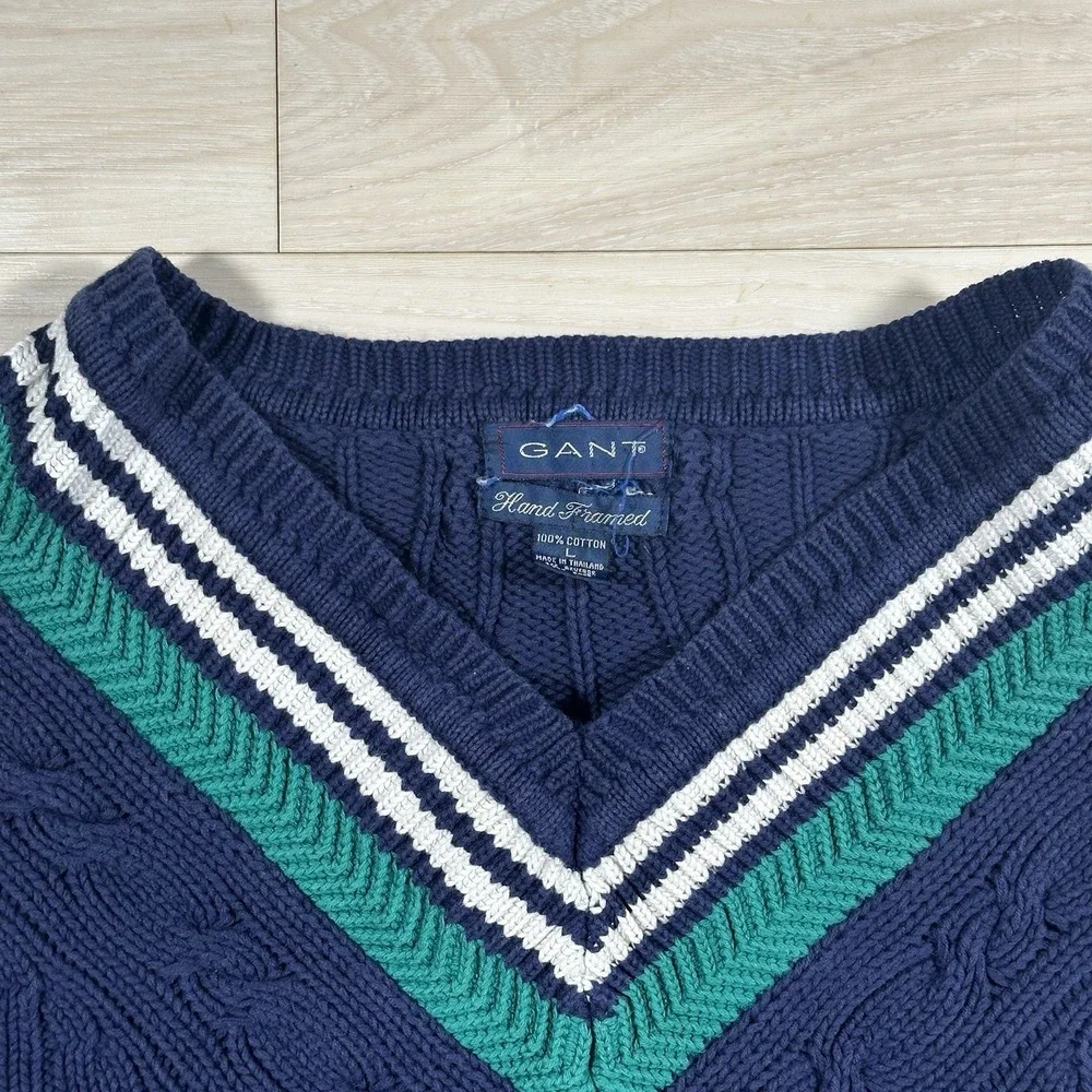 Vintage Gant Sweater Mens Blue Hand Framed 100% Cotton Cable Knit Size Large